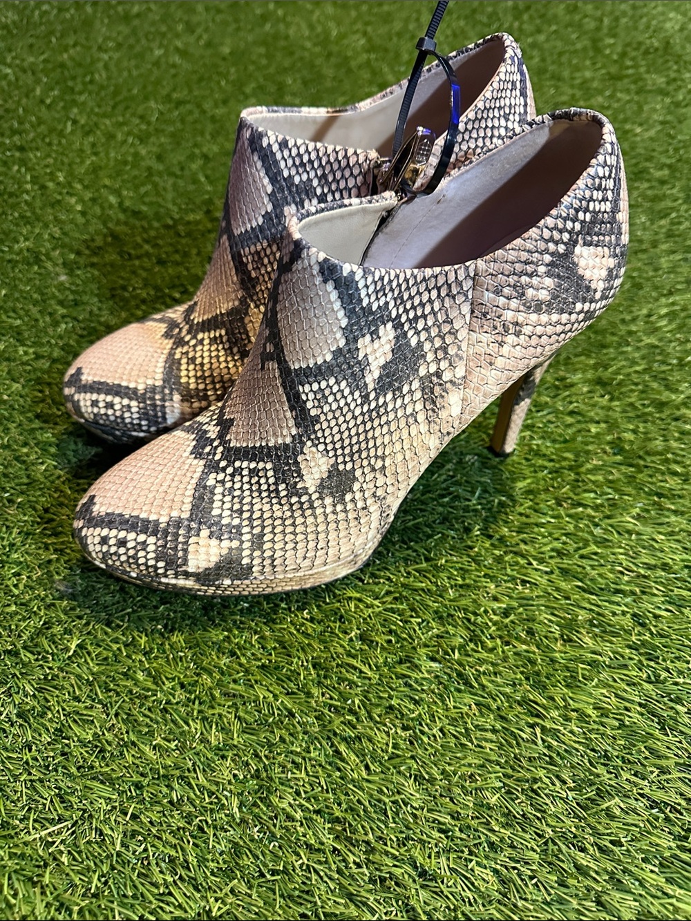 Vince Camuto Snake-Print High Heel Booties in Beige and Black Heels Size 8